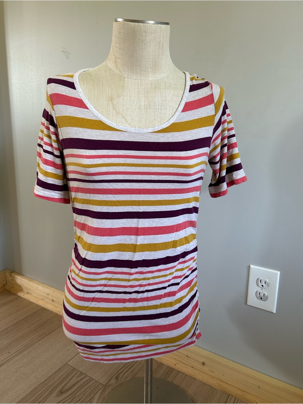 Motherhood Striped Scoop Neck Tee in Pink, Burgundy & Mustard